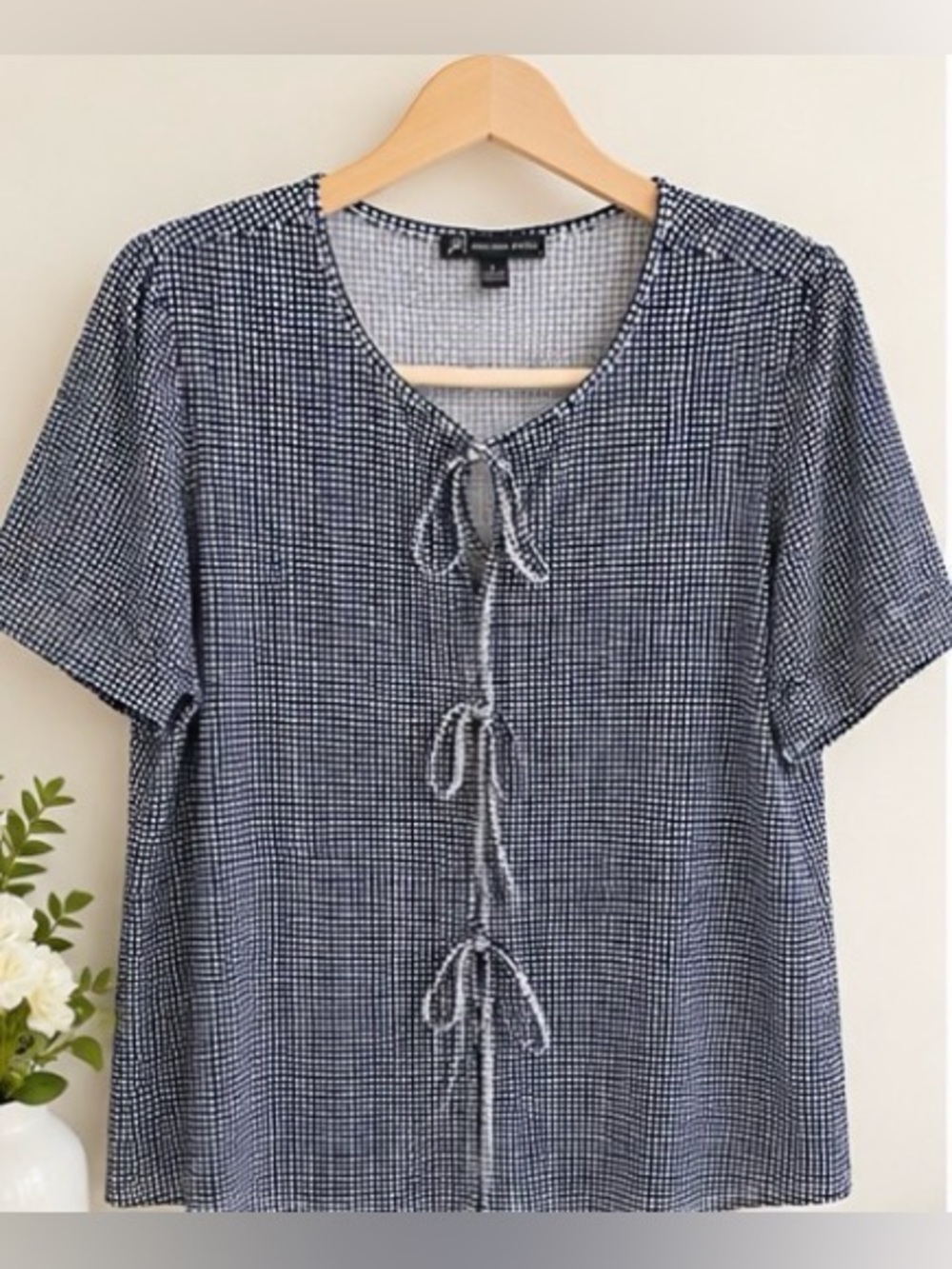 Adrianna Papell Navy Gingham Tie-Front Short Sleeve Blouse Sz L - Picture 2 of 8
